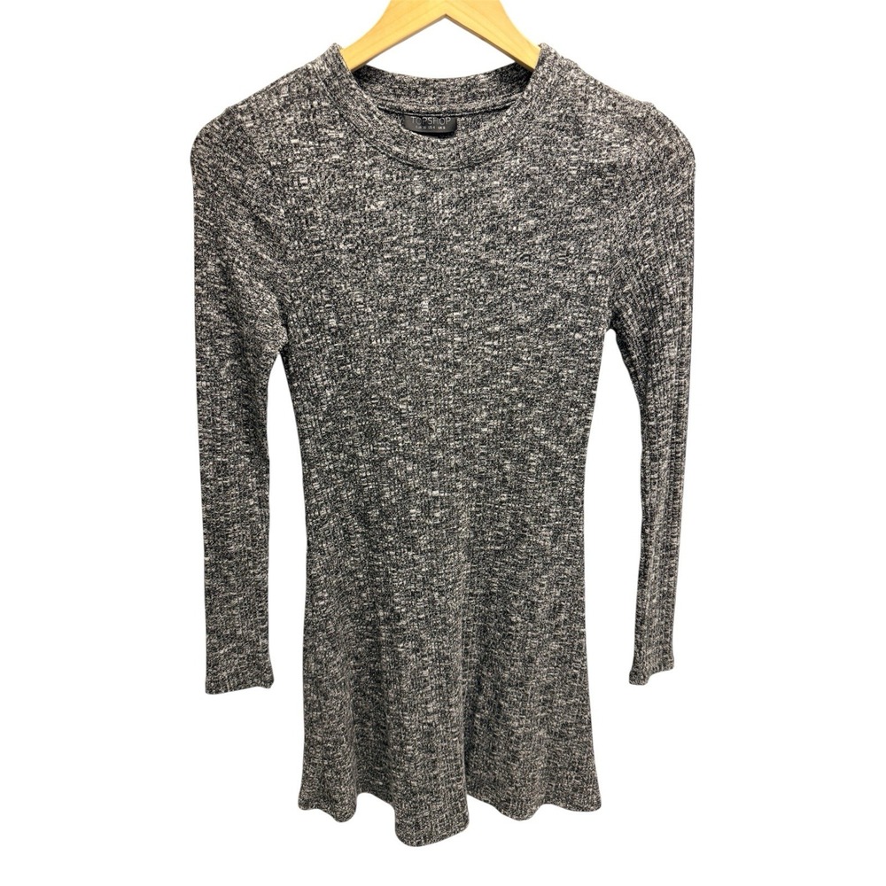 Topshop Gray Knit Sweater Dress Crew Neck Long Sleeve Pullover Short Size US 4
